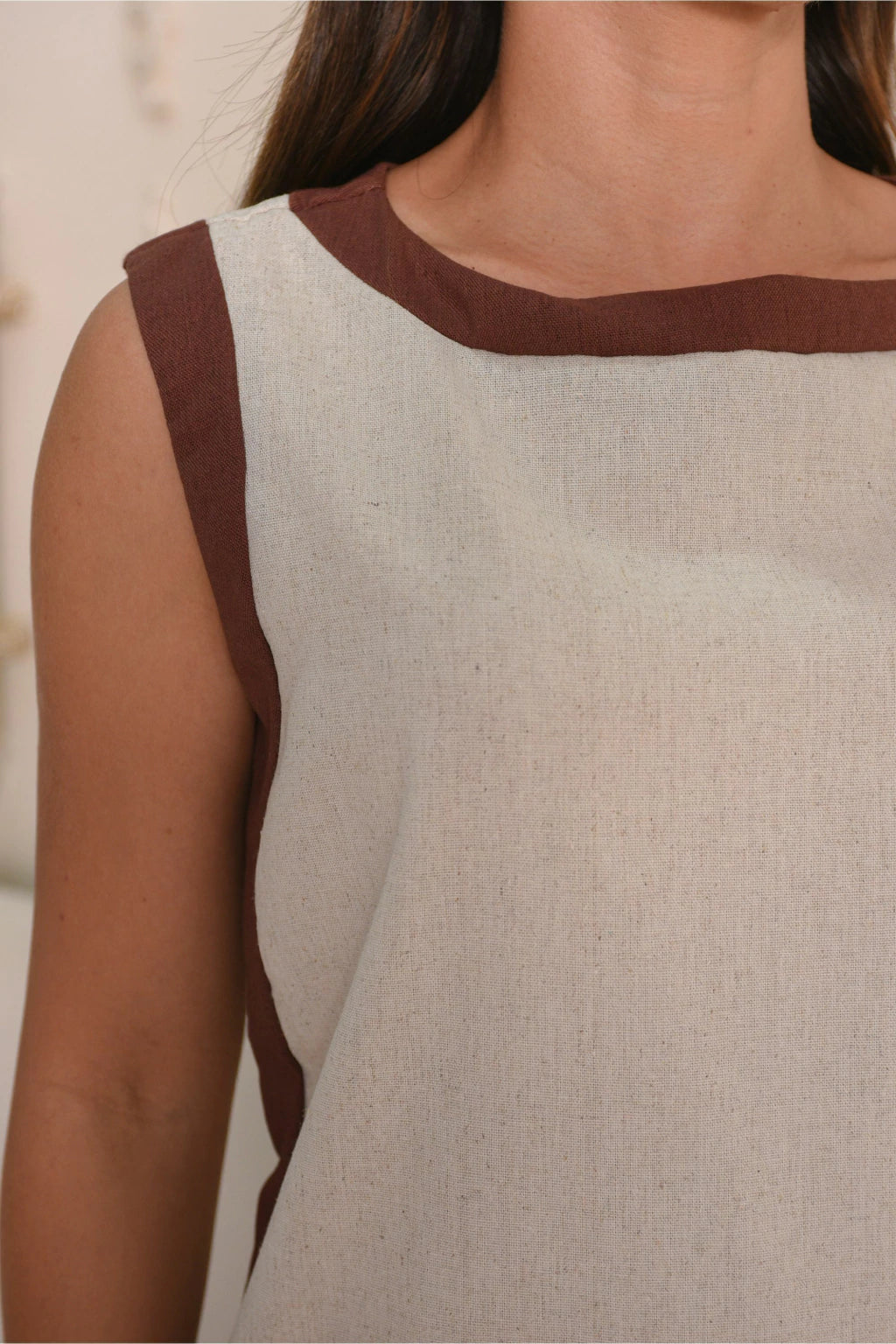 Vestido Linho Bicolor Helena Natural+Marrom